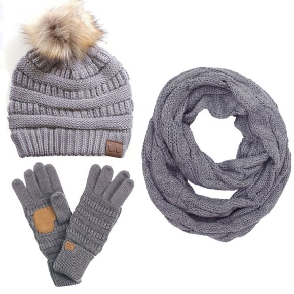C.C 3pc Knit Warm Pom Beanie Gloves Scarves Set